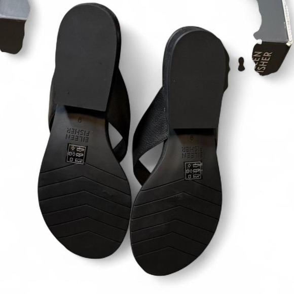 Eileen Fisher Black Leather Minimalist‎ Sandals, Women\'s Size 9